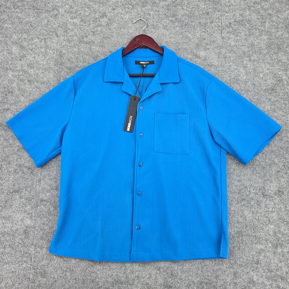 NovaMen Show Up Short Sleeve Cuban Shirt Blue Ribbed Button Down NSKT4509 Mens M